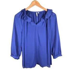 Elle Royal Blue Ruffle Trim 3/4 Sleeve Chiffon Blouse Blue M Corp Core Parisian